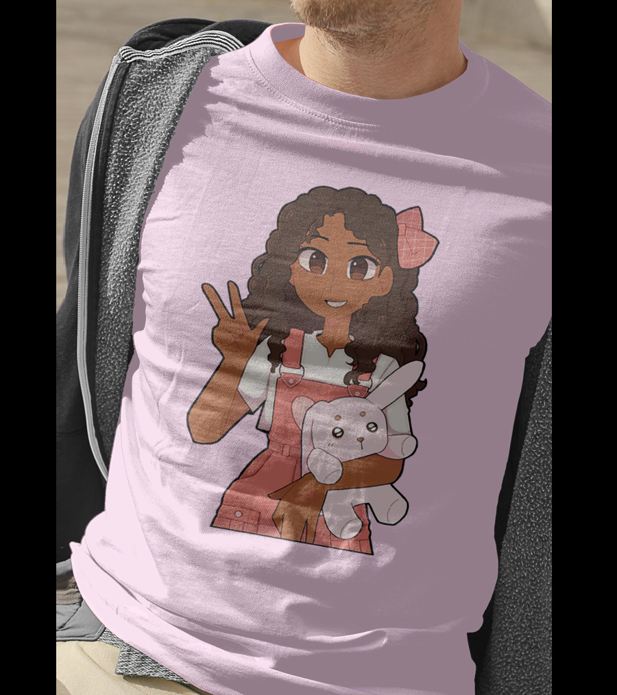 Akeila Merch Anime Style Character With Pink Overalls And Stuffed Bunny T-Shirt