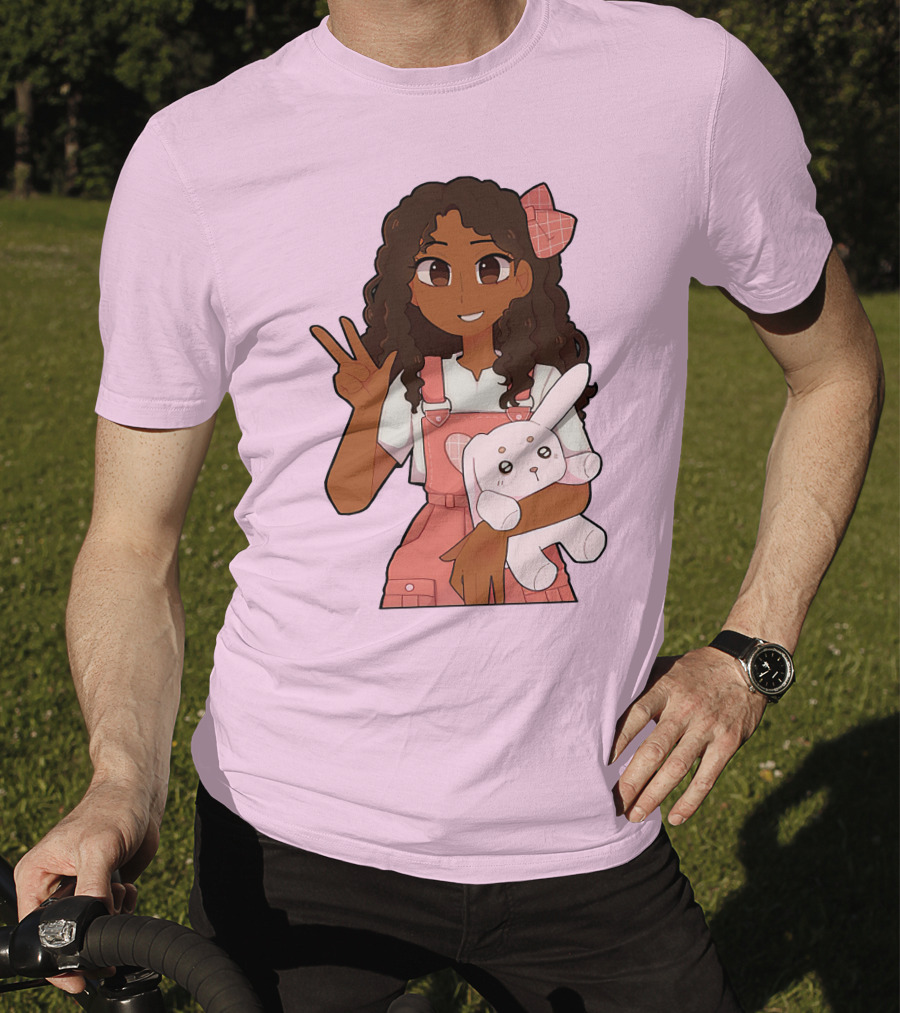 Akeila Merch Anime Style Character With Pink Overalls And Stuffed Bunny T-Shirt