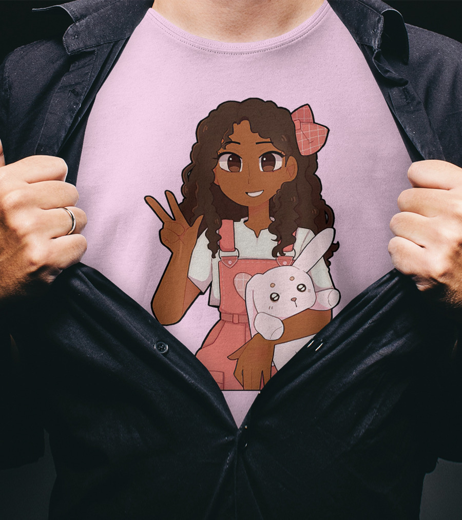 Akeila Merch Anime Style Character With Pink Overalls And Stuffed Bunny T-Shirt