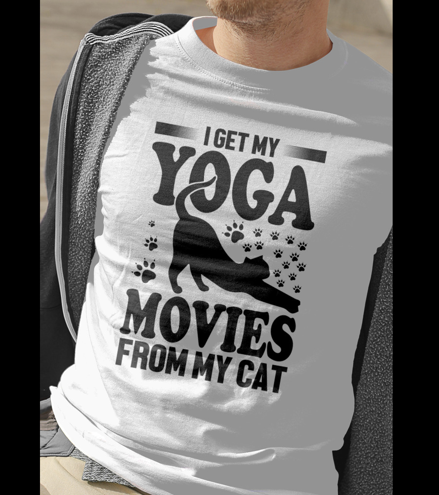 I Get My Yoga Moves And Inspiration From My Cat With Paw Prints And Stretching Cat T-Shirt