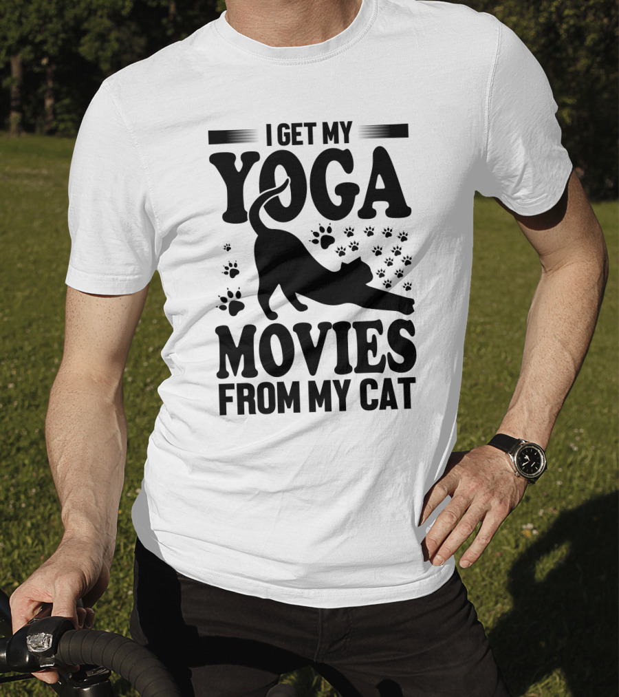 I Get My Yoga Moves And Inspiration From My Cat With Paw Prints And Stretching Cat T-Shirt
