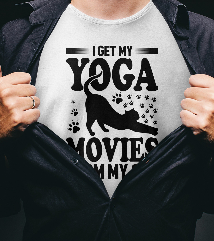 I Get My Yoga Moves And Inspiration From My Cat With Paw Prints And Stretching Cat T-Shirt