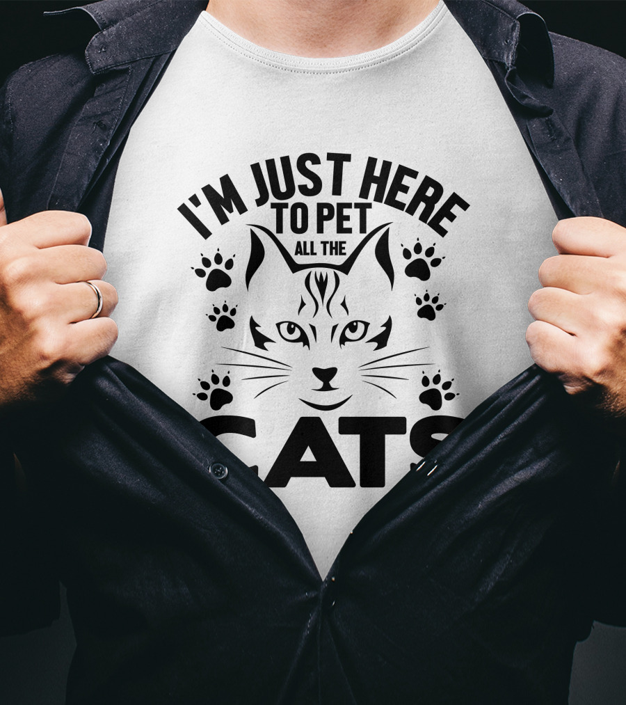 I'm Just Here To Pet All The Cats Paw Prints Cat Face T-Shirt