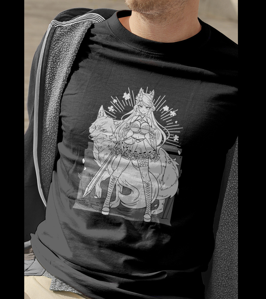 Shark Robot Silvervale Vshojo Warrior With Wolf Companion T-Shirt