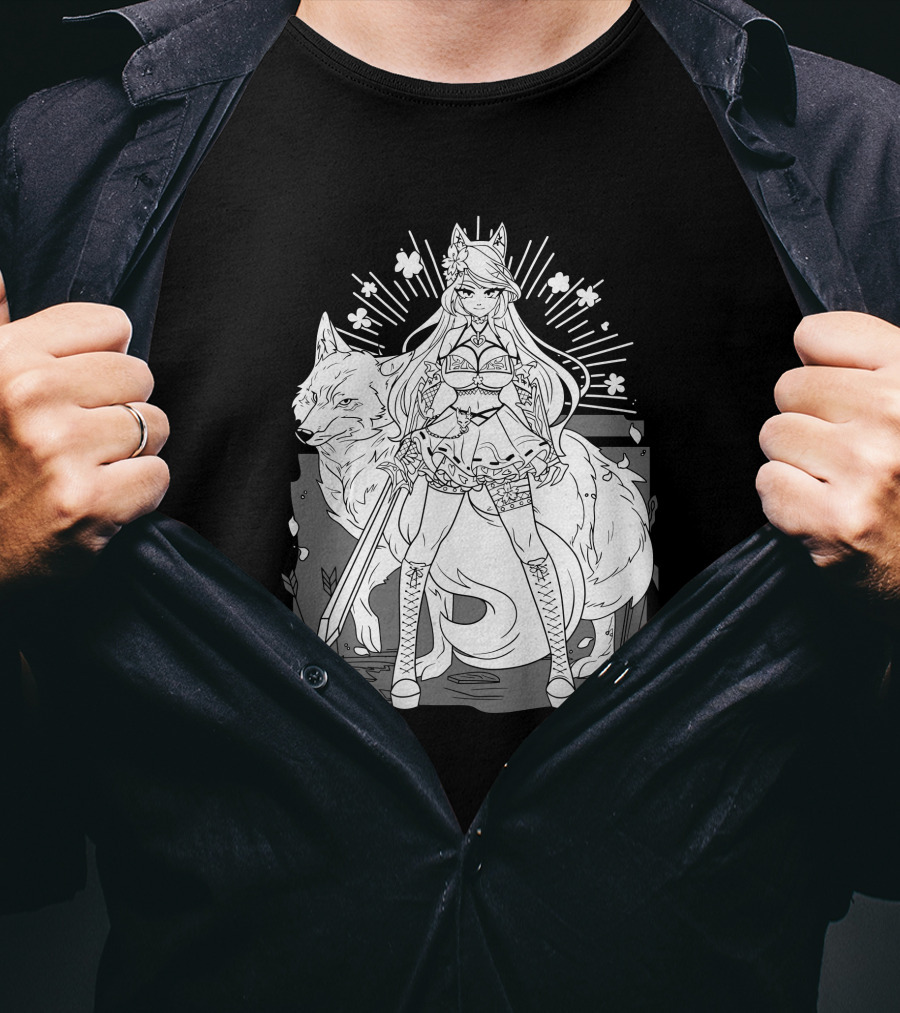 Shark Robot Silvervale Vshojo Warrior With Wolf Companion T-Shirt