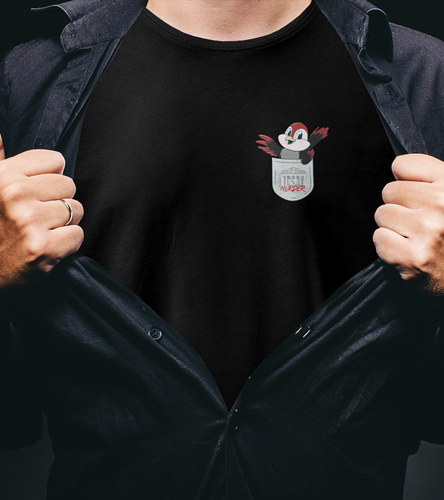 Pocket Robin Cartoon With Murder Text And Small Town House T-Shirt