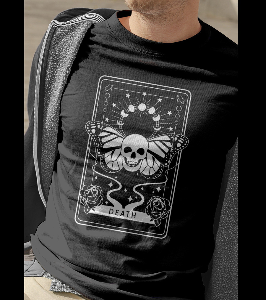 Ihascupquake New Beginnings Death Tarot Skull Butterfly Roses Moon Phases T-Shirt