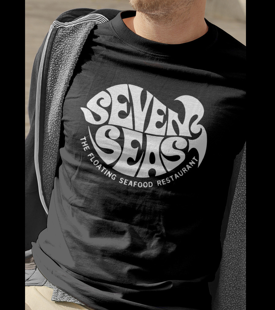 Seven Seas The Floating Seafood Restaurant Retro Psychedelic Typography T-Shirt