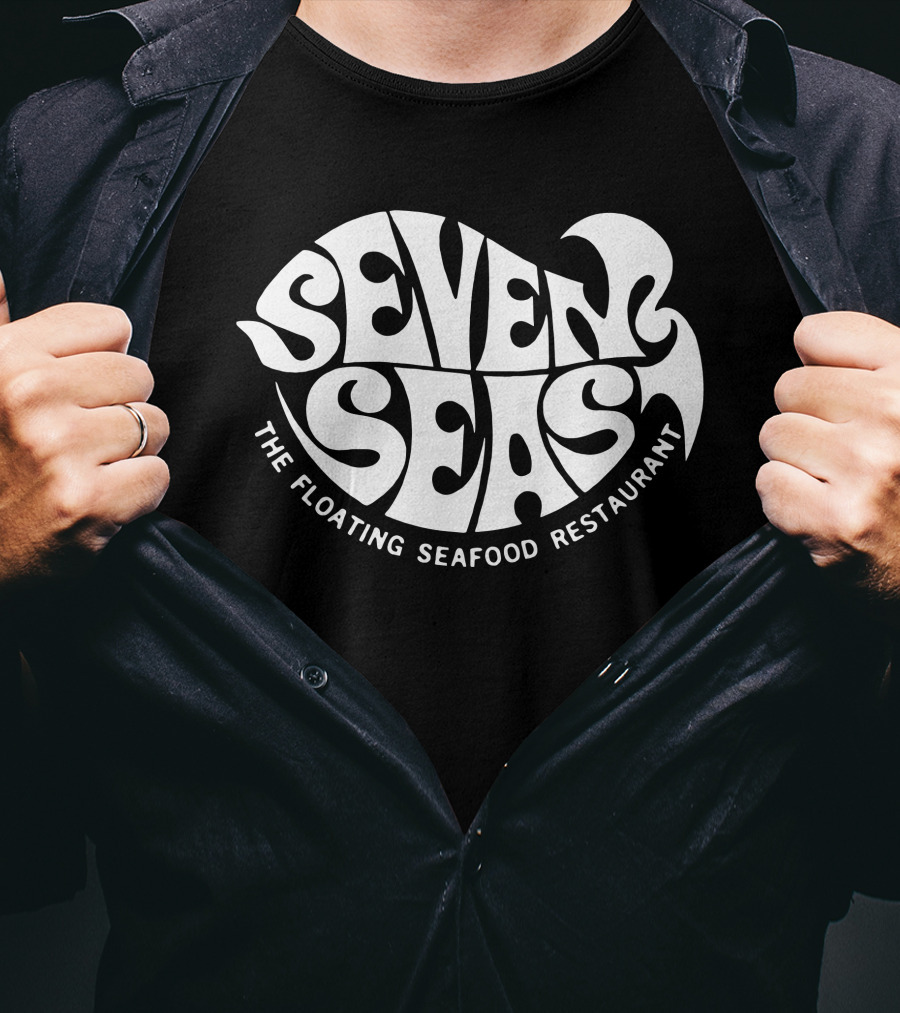 Seven Seas The Floating Seafood Restaurant Retro Psychedelic Typography T-Shirt