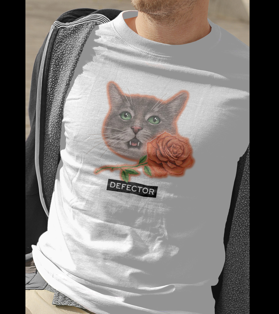 Defector Grey Cat With Orange Rose T-Shirt