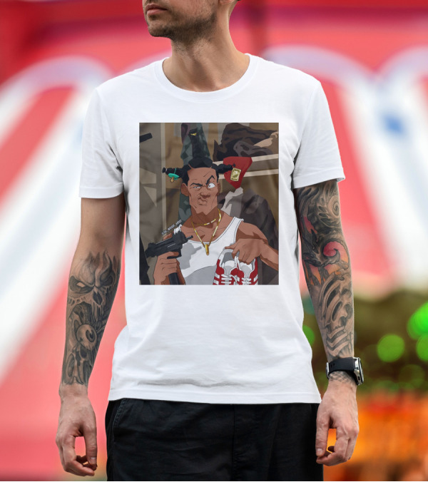 Premium T-Shirt: Loc Dog Mens Society Parody Character Holding Sneakers and Gun T-Shirt Loc Dog Mens Society Parody Character Holding Sneakers and Gun T-Shirt