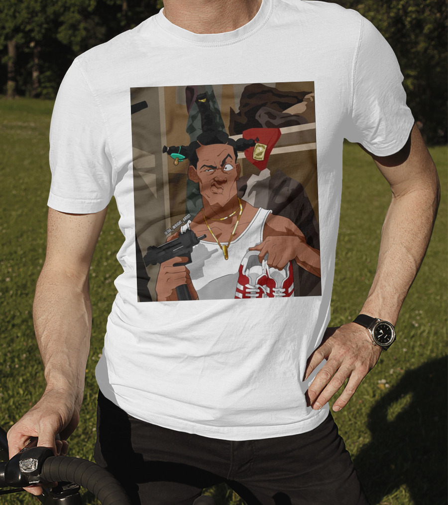 Loc Dog Mens Society Parody Character Holding Sneakers And Gun T-Shirt