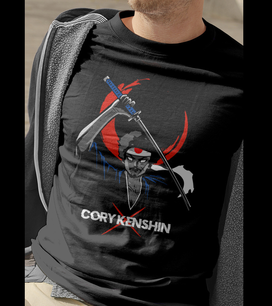 CoryxKenshin Samurai With Sword In Blue Kimono And Red Crescent Background T-Shirt