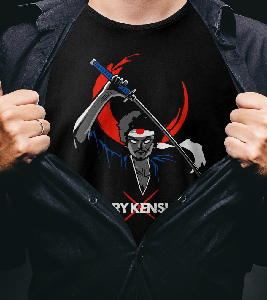 CoryxKenshin Samurai With Sword In Blue Kimono And Red Crescent Background T-Shirt