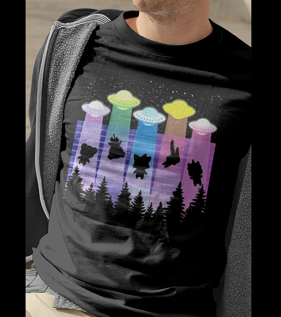 Krewdistrict Flying Saucers Alien Abduction Cartoon Silhouettes Forest Scene T-Shirt