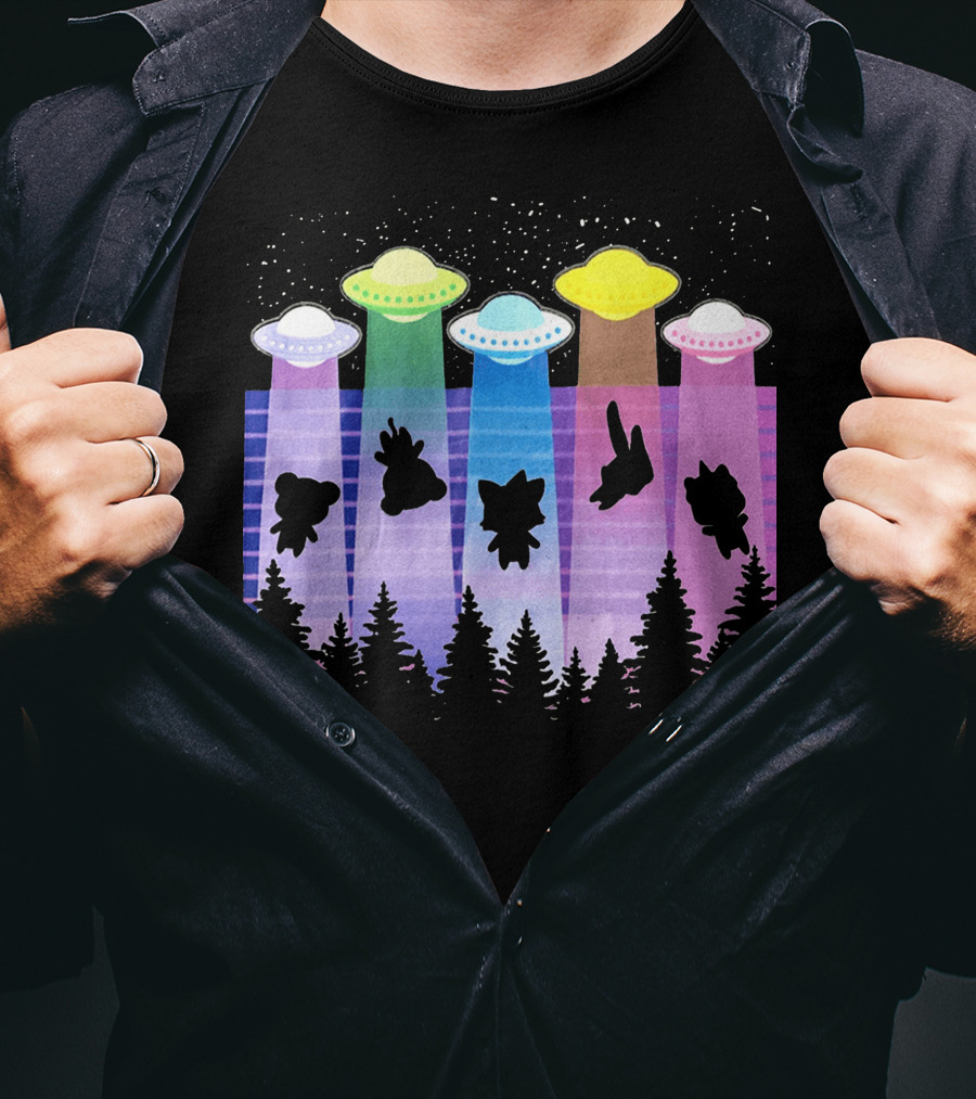 Krewdistrict Flying Saucers Alien Abduction Cartoon Silhouettes Forest Scene T-Shirt