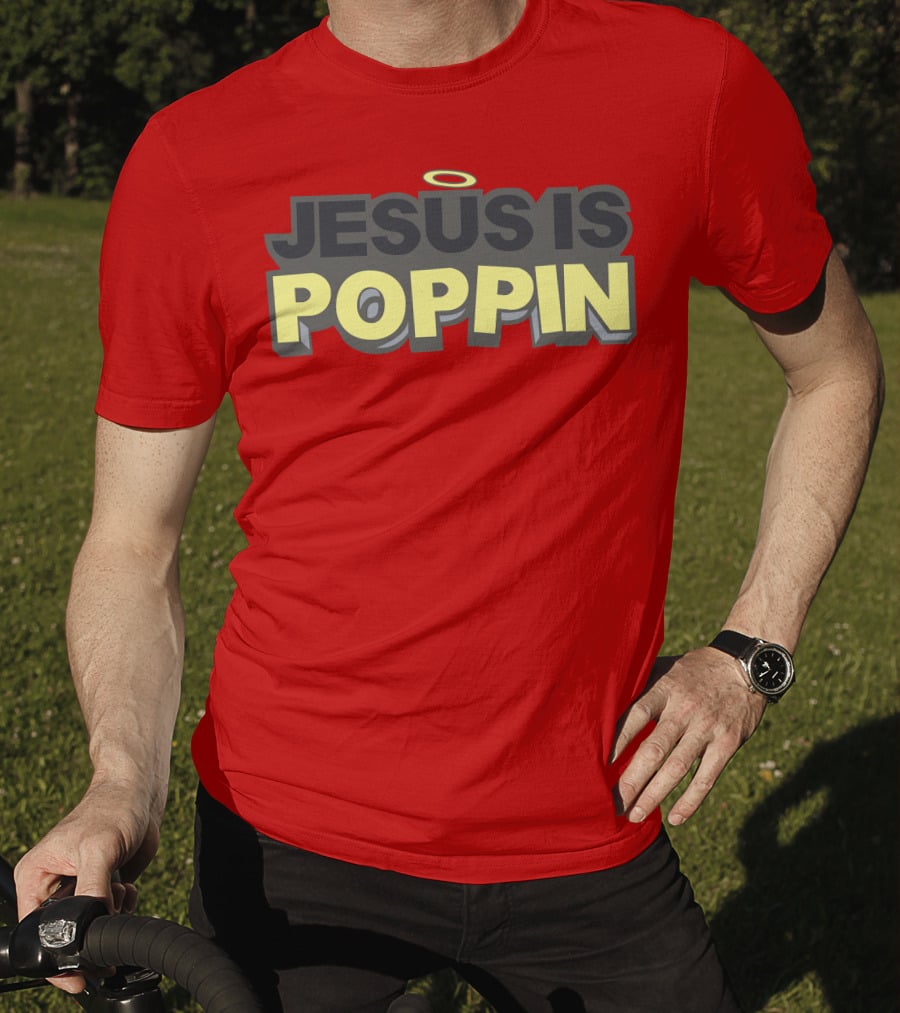 JESUS IS POPPIN Angel Halo Icon On Red T-Shirt