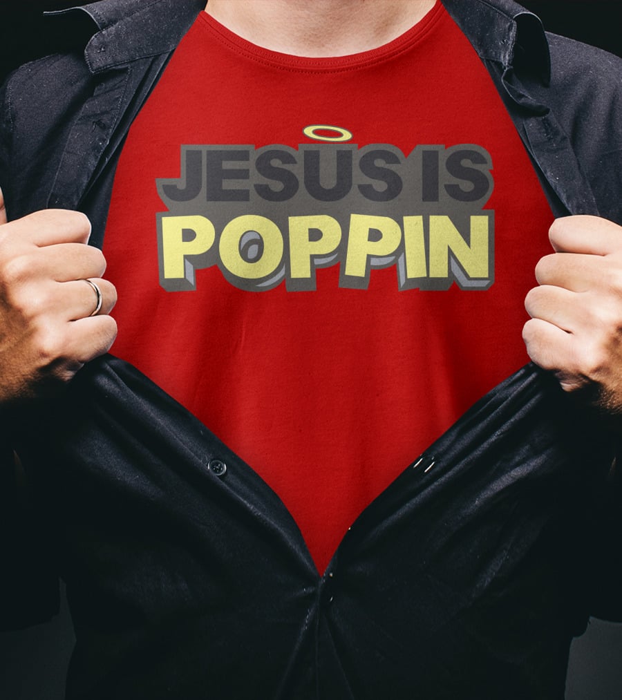 JESUS IS POPPIN Angel Halo Icon On Red T-Shirt