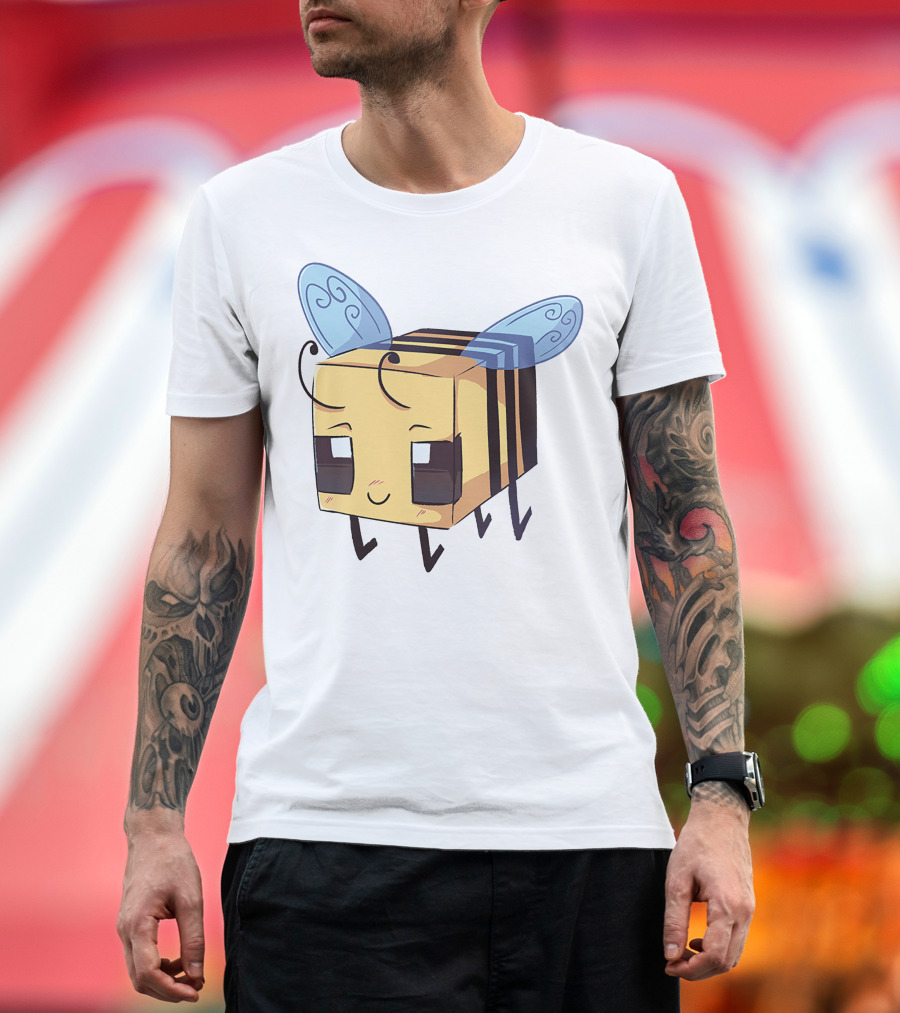 Punz Merch Cute Blocky Bee Character with Whimsical Blue Wings T-Shirt