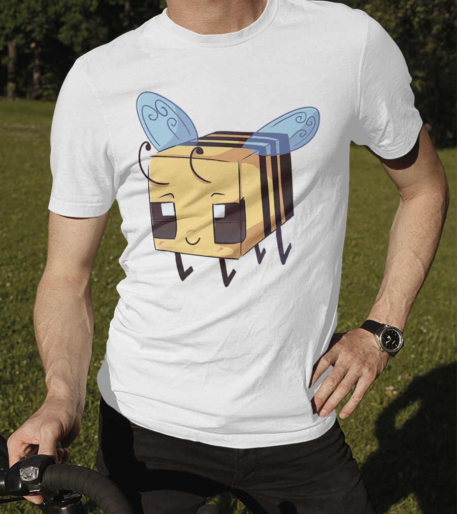 Punz Merch Cute Blocky Bee Character With Whimsical Blue Wings T-Shirt