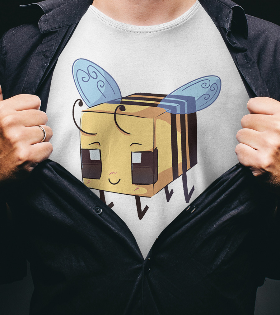 Punz Merch Cute Blocky Bee Character With Whimsical Blue Wings T-Shirt