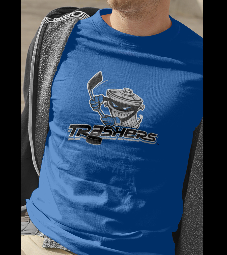 Danbury Trashers Blue Logo Hockey Trash Can Mascot T-Shirt