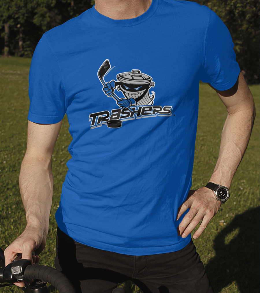 Danbury Trashers Blue Logo Hockey Trash Can Mascot T-Shirt