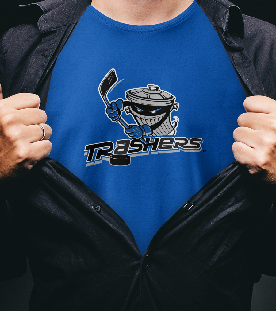 Danbury Trashers Blue Logo Hockey Trash Can Mascot T-Shirt