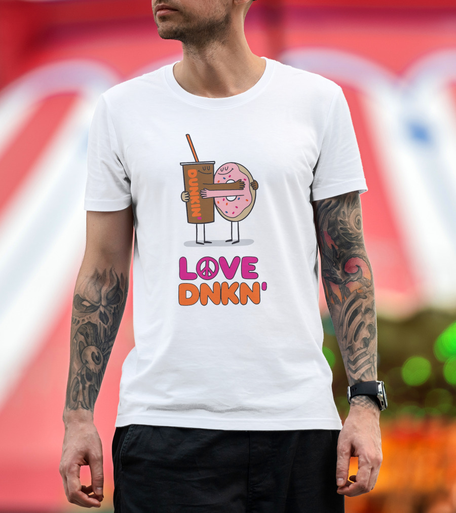 LOVE PEACE DUNKIN' HUGGING CARTOON DONUT AND COFFEE T-Shirt