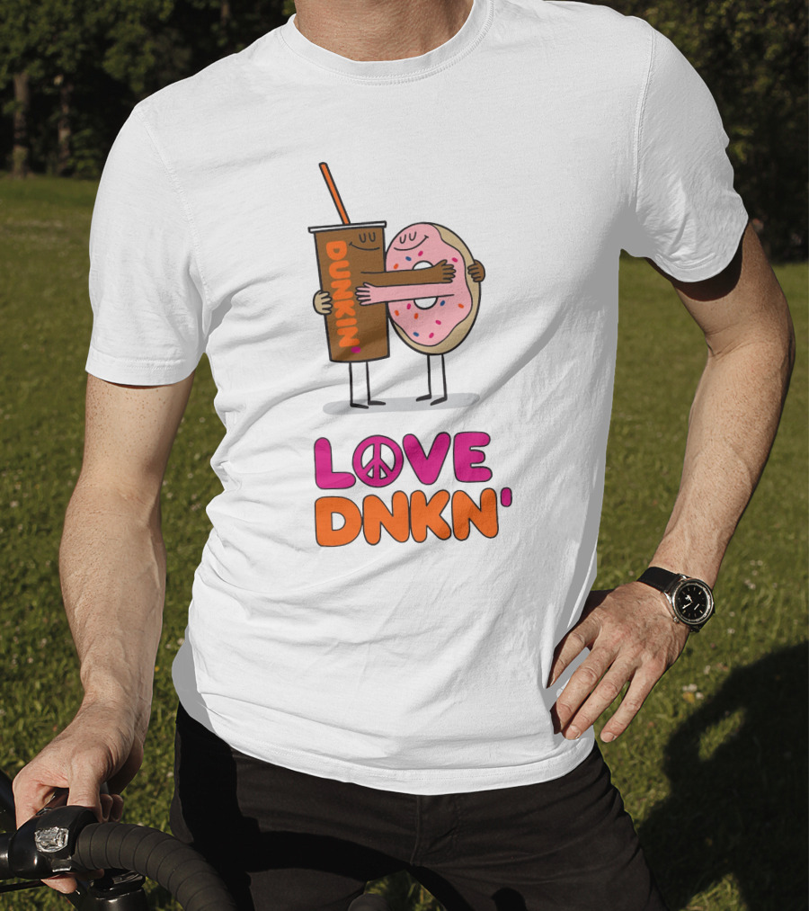 Love Peace Dunkin' Hugging Cartoon Donut And Coffee T-Shirt
