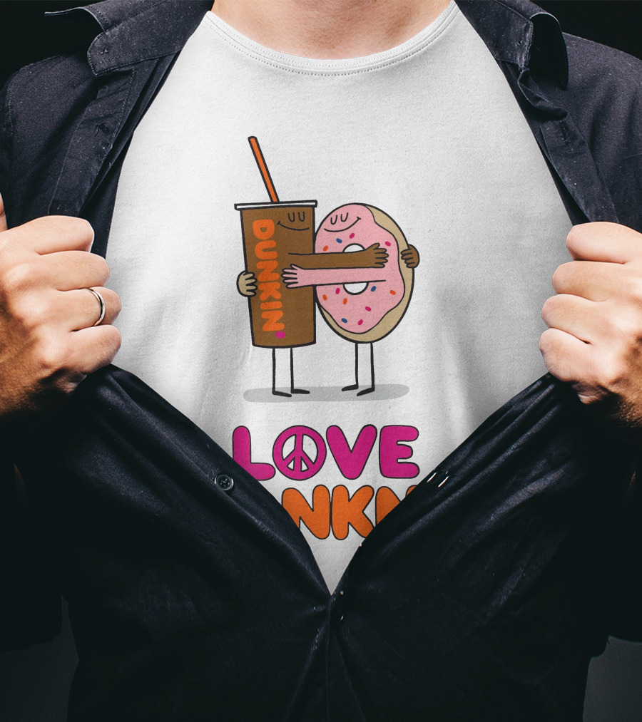 Love Peace Dunkin' Hugging Cartoon Donut And Coffee T-Shirt