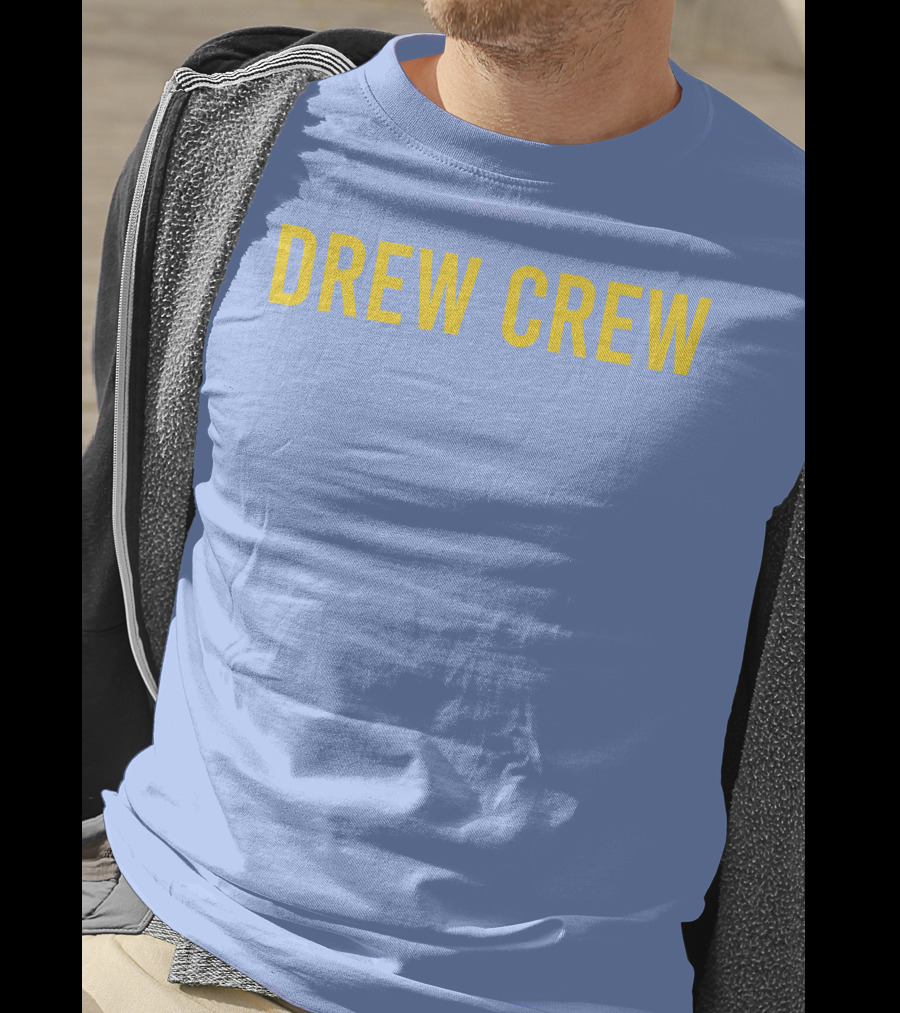 Drew Crew Merch Yellow Text Blue Background T-Shirt