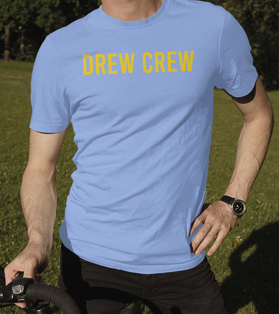Drew Crew Merch Yellow Text Blue Background T-Shirt