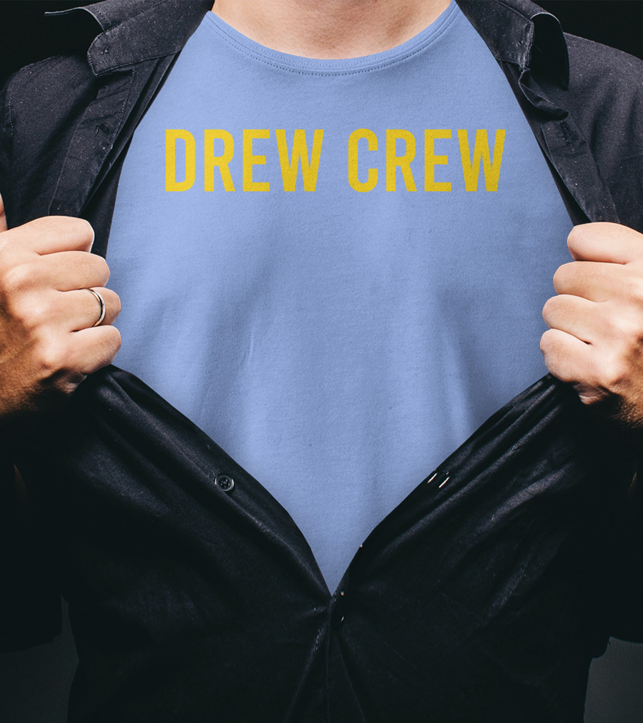 Drew Crew Merch Yellow Text Blue Background T-Shirt