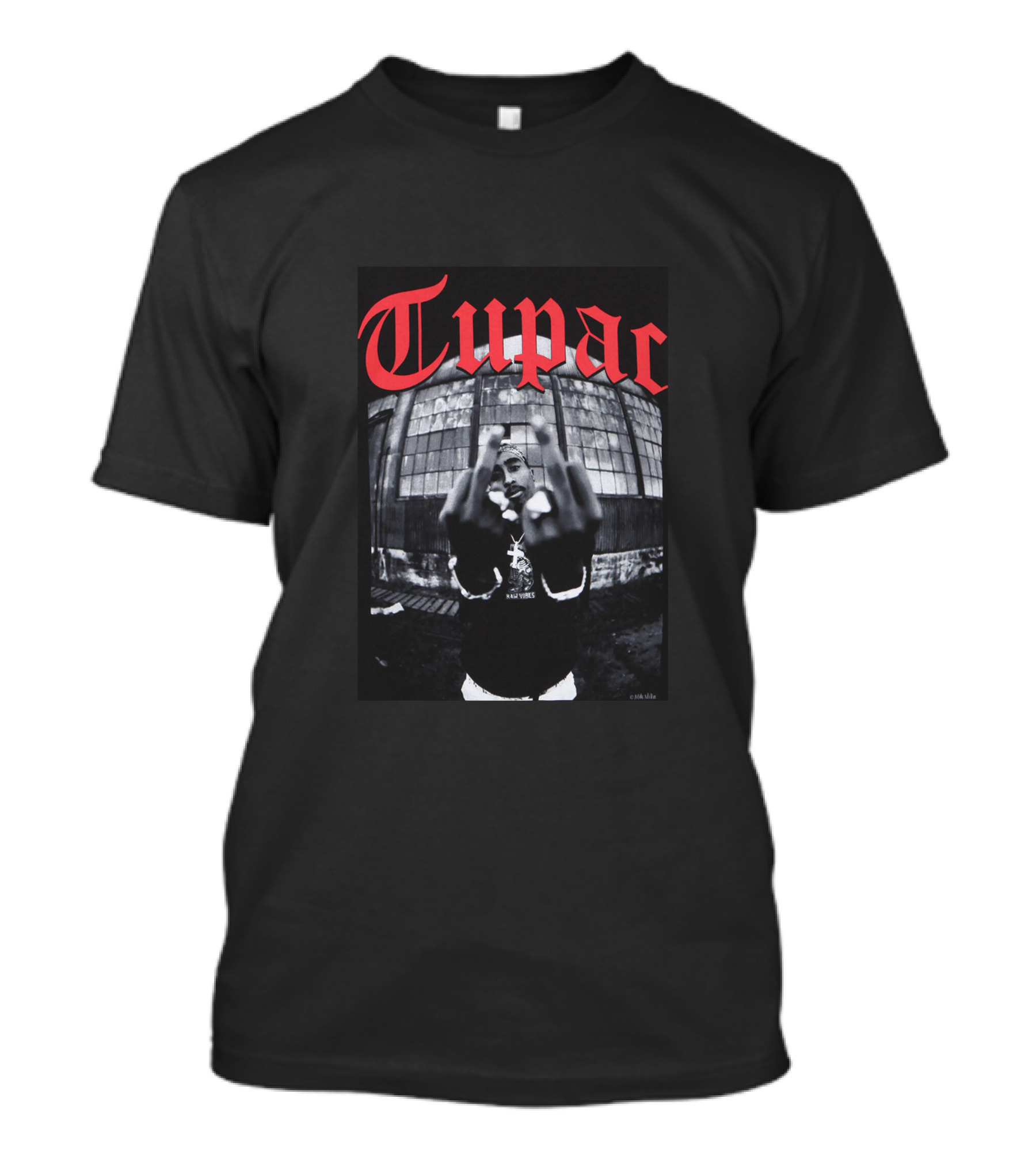 Tupac Front View Gesture Red Gothic Text T-Shirt