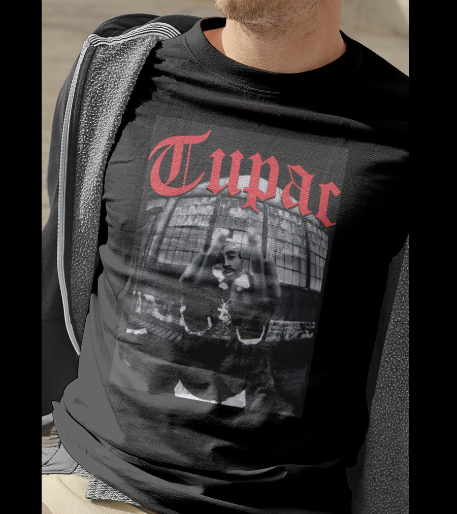 Tupac Front View Gesture Red Gothic Text T-Shirt
