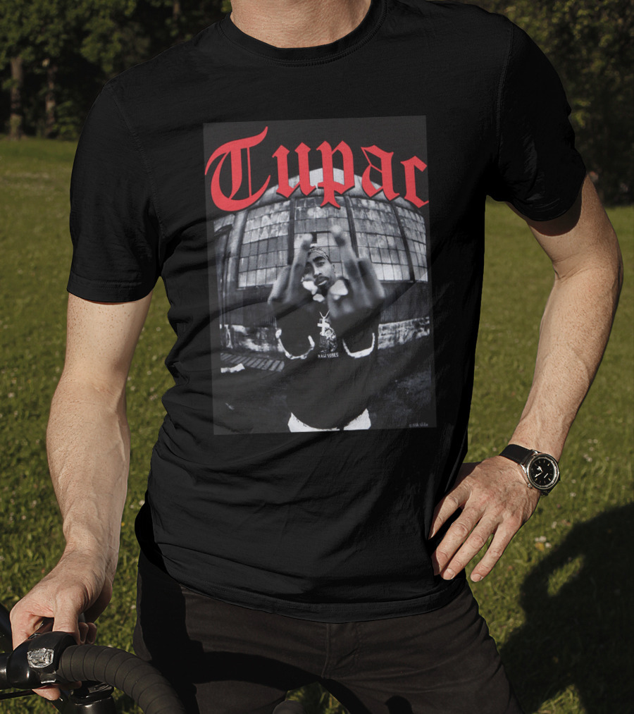 Tupac Front View Gesture Red Gothic Text T-Shirt