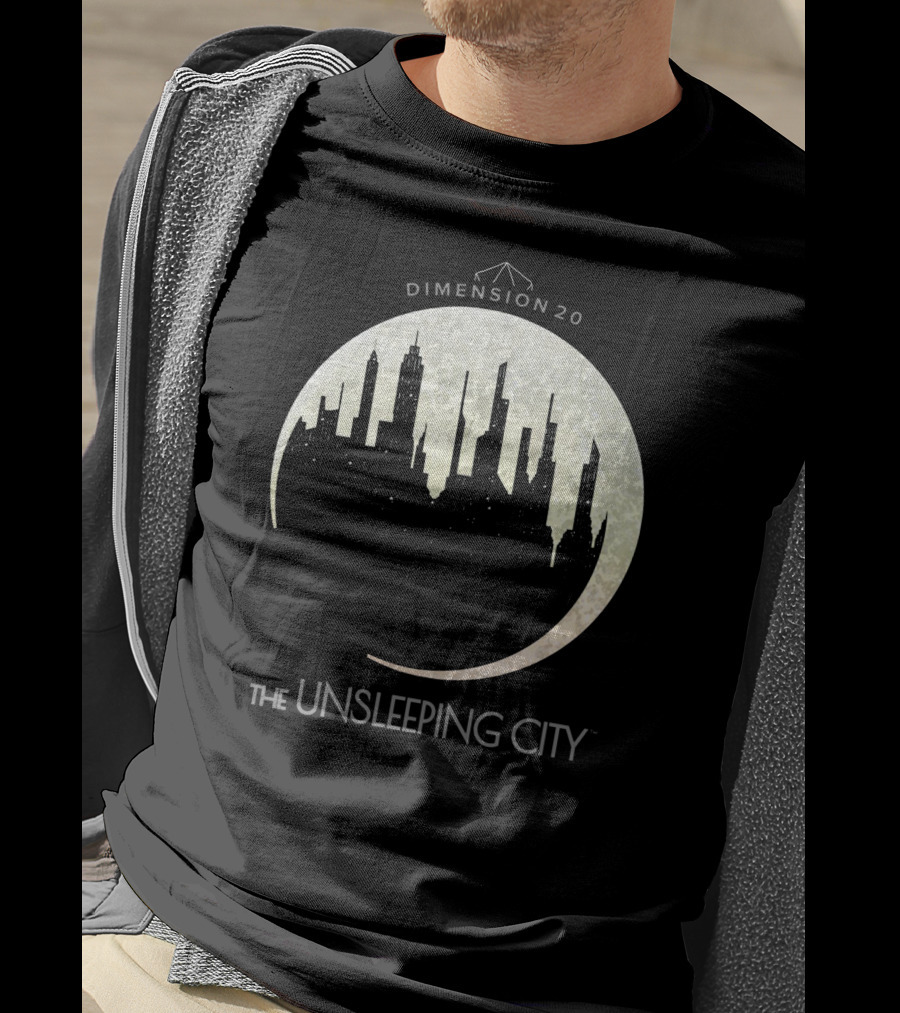 Dimension 20 The Unsleeping City Moon Skyline T-Shirt