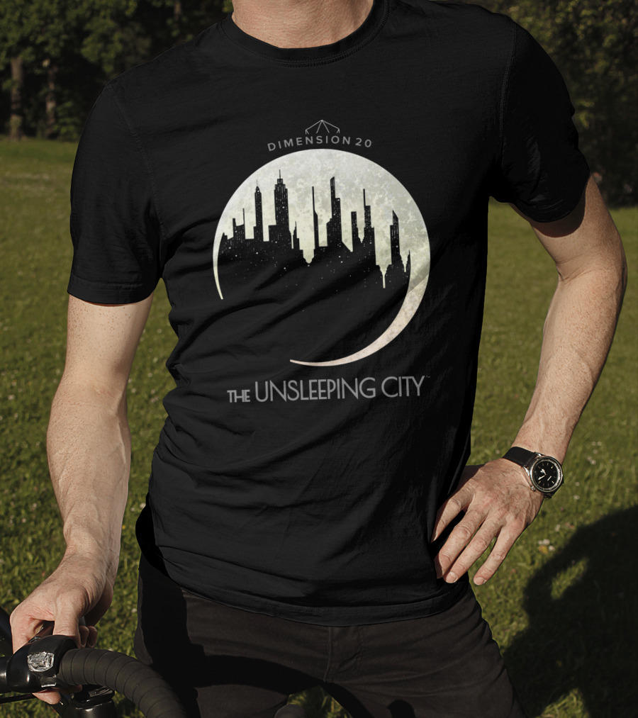 Dimension 20 The Unsleeping City Moon Skyline T-Shirt