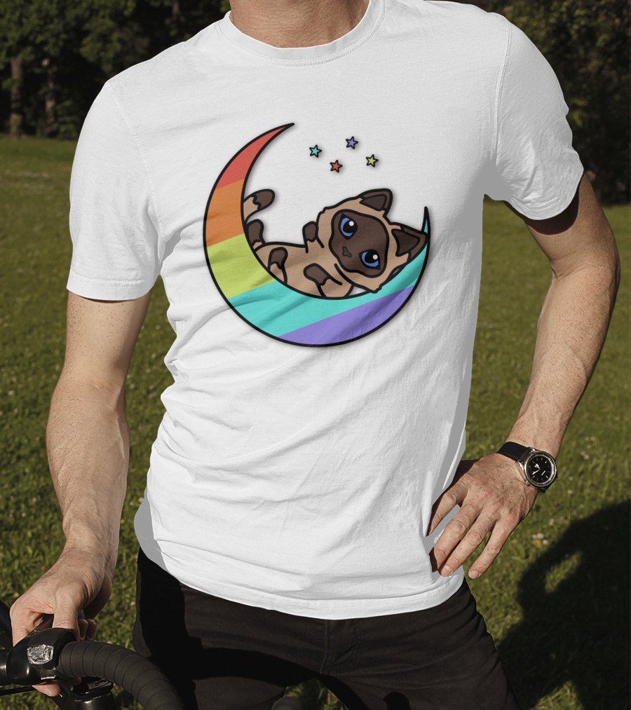 Antfrost Cat On Rainbow Crescent With Stars T-Shirt