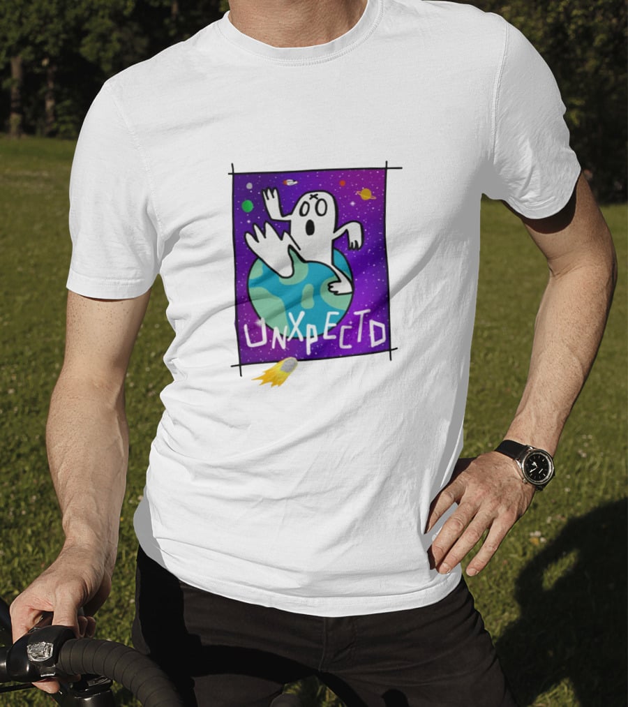 Unxpectd Ghost Mascot Floating In Outer Space With Planets And Asteroids T-Shirt