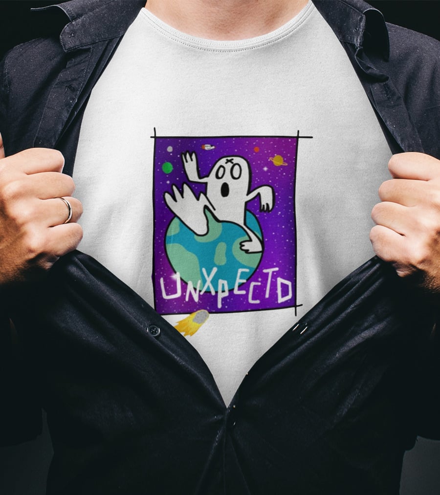 Unxpectd Ghost Mascot Floating In Outer Space With Planets And Asteroids T-Shirt
