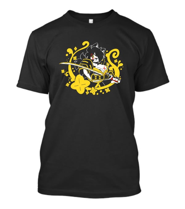 Hachimitsu Samurai Character With Sword And Yellow Floral Motif T-Shirt