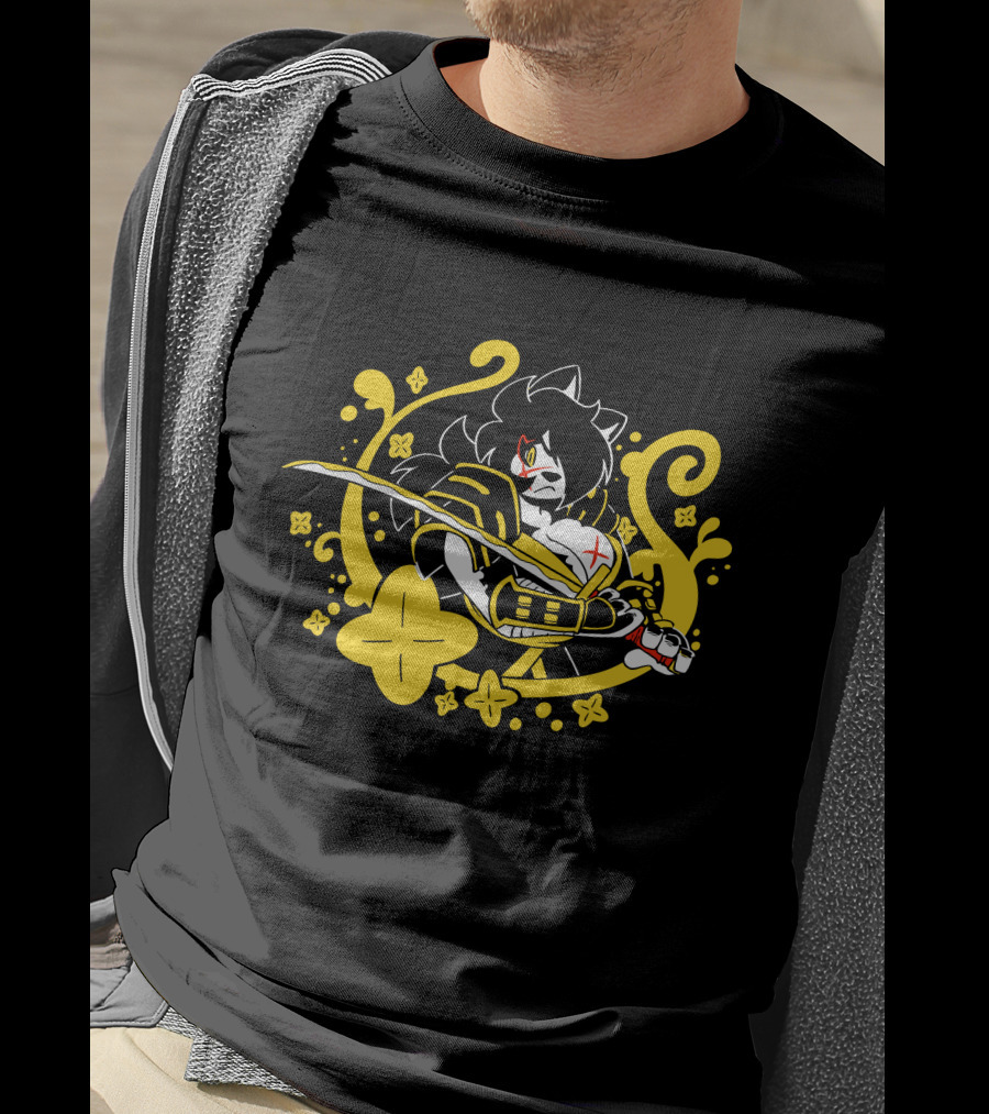 Hachimitsu Samurai Character With Sword And Yellow Floral Motif T-Shirt