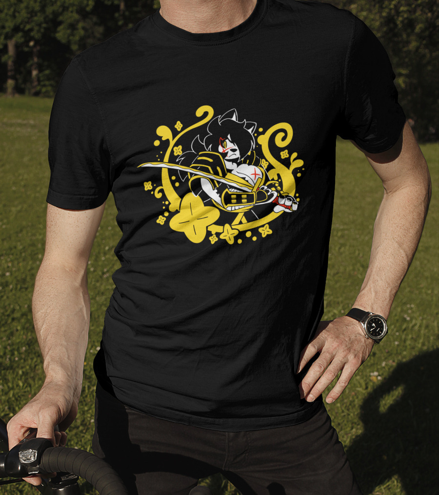 Hachimitsu Samurai Character With Sword And Yellow Floral Motif T-Shirt