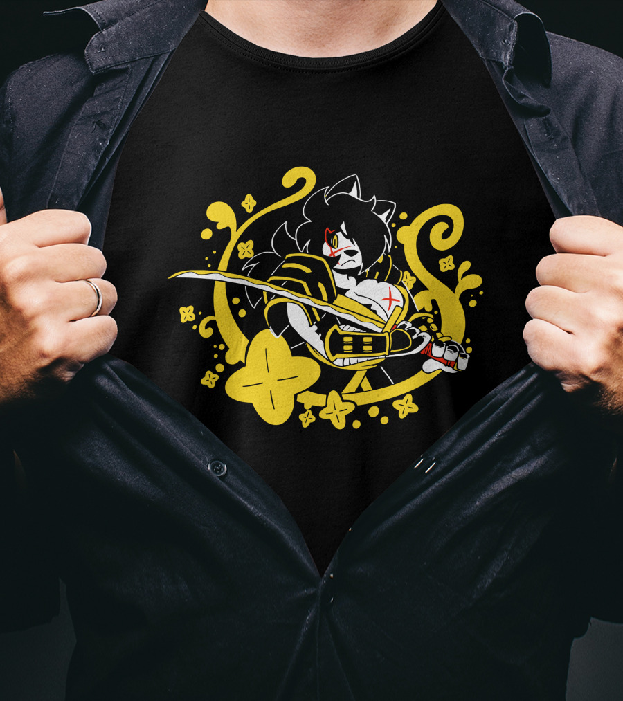 Hachimitsu Samurai Character With Sword And Yellow Floral Motif T-Shirt