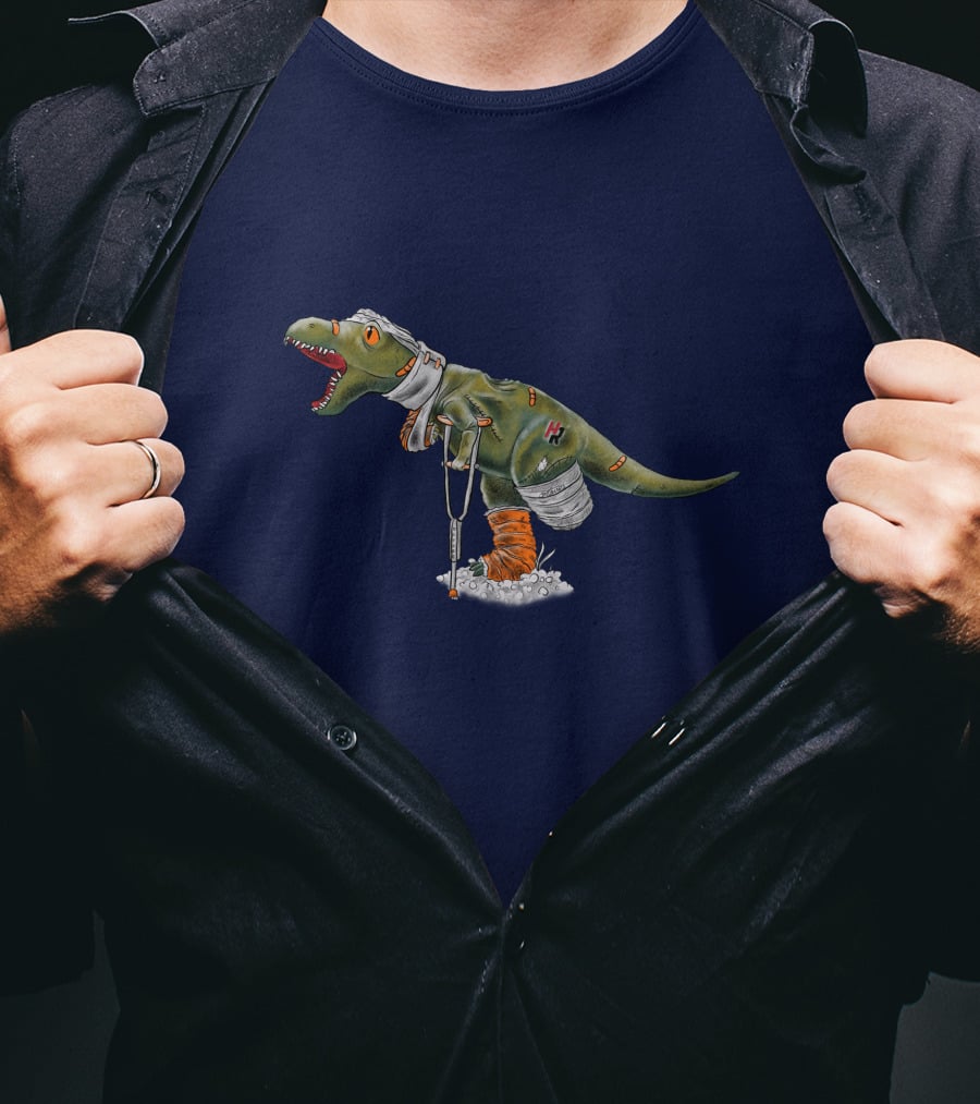 Rexy Injured Hero Dinosaur With Bandages And Crutches T-Shirt