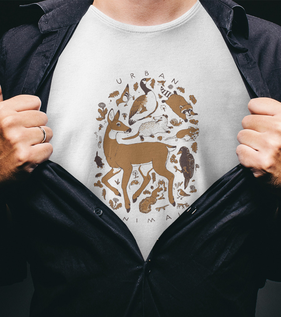 Urban Animal Wildlife Illustration Deer Goose Racoon Rabbit Fox Bird T-Shirt