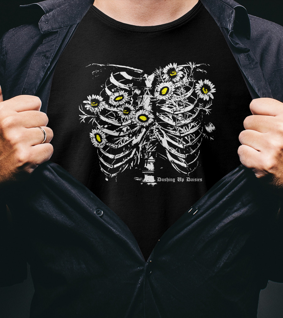 Bigcarte Merch Pushing Up Daisies Skeleton Ribcage Floral T-Shirt