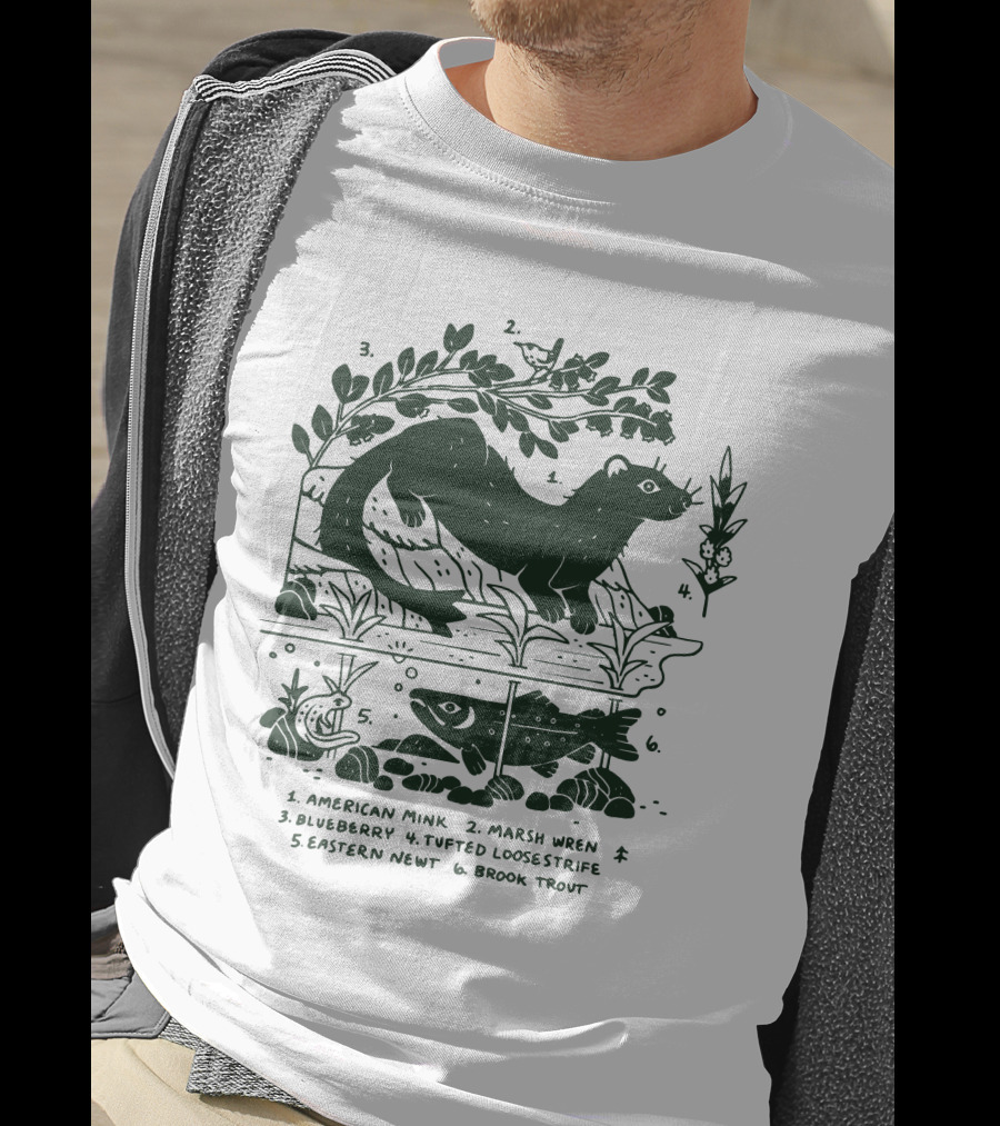 Camp Mustelid Merch Taxonomy American Mink Marsh Wren Blueberry Tufted Loosestrife Eastern Newt Brook Trout T-Shirt